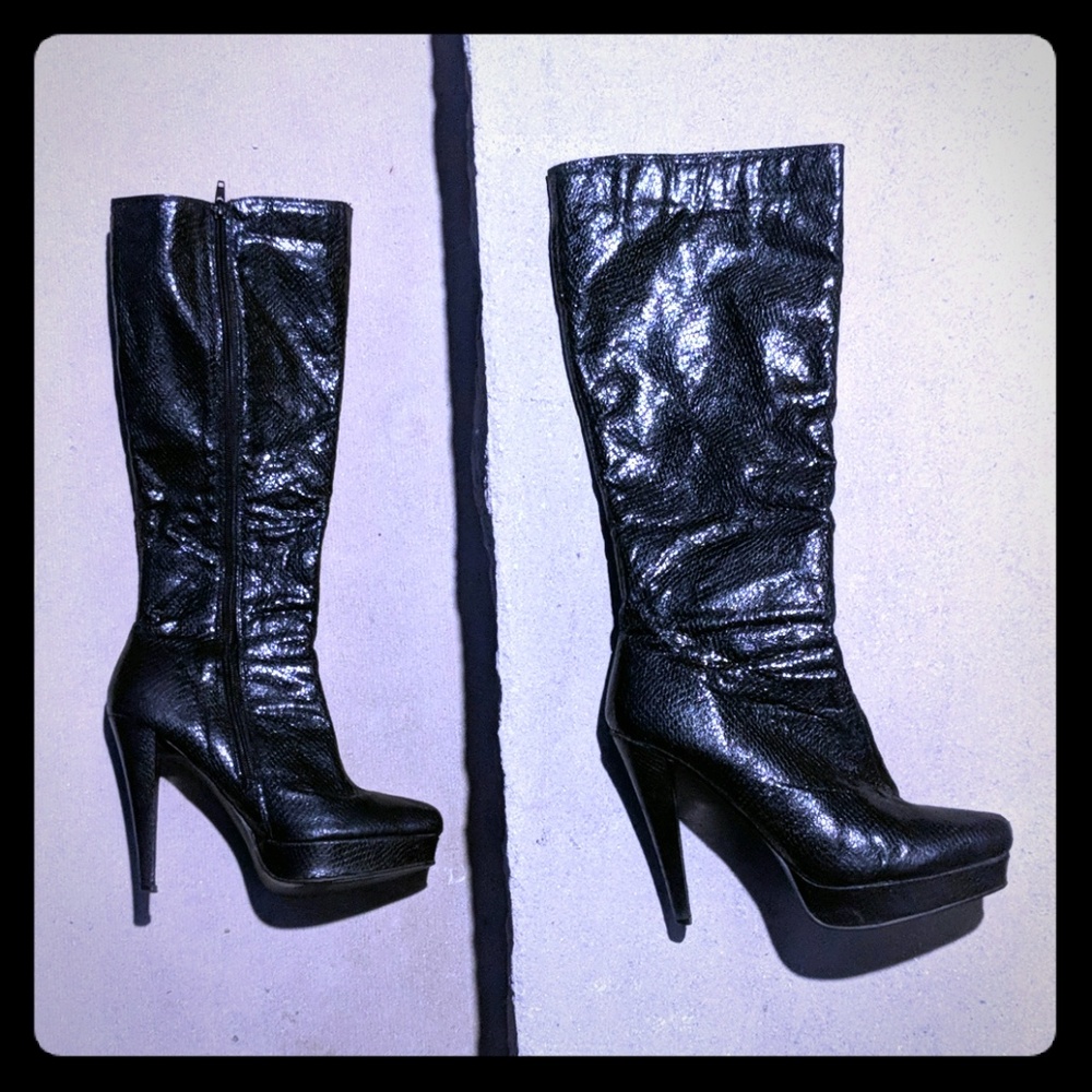Snake embossed faux leather high heel boots black